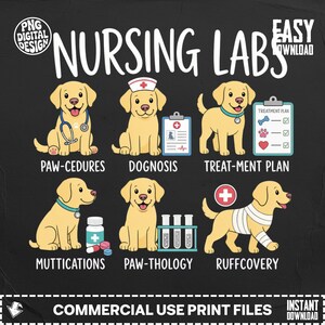 May include: A digital design featuring six cartoon Labrador Retrievers in various medical scenarios. The text includes "Nursing Labs" and medical terms like "Paw-cedures" and "Ruffcovery". The design is for commercial use print files.