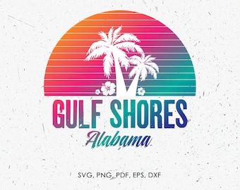 May include: A colorful sunset graphic with two palm trees and the text "GULF SHORES Alabama" in a retro font.