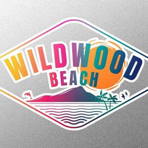 May include: A colourful diamond-shaped sticker with the text "WILDWOOD BEACH" in a rainbow gradient. The sticker features a stylised sunset, palm trees, a dolphin, and ocean waves.