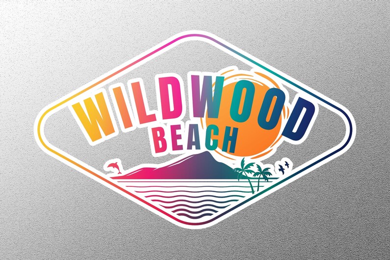 May include: A colourful diamond-shaped sticker with the text "WILDWOOD BEACH" in a rainbow gradient. The sticker features a stylised sunset, palm trees, a dolphin, and ocean waves.