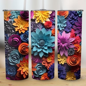 3D Colorful Rainbow Flowers 20 oz Skinny Tumbler, Sublimation Design, Straight and Tapered Tumbler Wrap, Digital Download png, Graphic