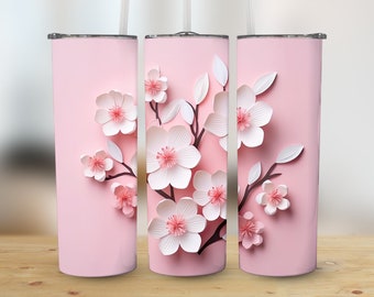 3D White Pink Flowers 20 oz Skinny Tumbler, Sublimation Design, Straight & Tapered Tumbler Wrap, Digital Download png, Graphic