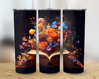 3D Colorful Flowers Book 20 oz Skinny Tumbler, Sublimation Design, Straight and Tapered Tumbler Wrap, Digital Download png, Graphic