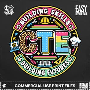 May include: A circular graphic design featuring the text "BUILDING SKILLS" and "BUILDING FUTURES" with the letters "CTE" in the center. The "C" has a leopard print, the "T" is light blue, and the "E" is rainbow-striped. Icons include a wrench, hard hat, pencil, laptop, chef hat, whisk, book, and ruler.