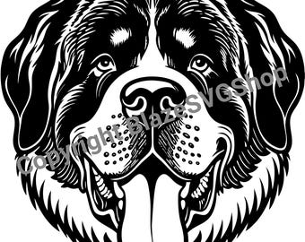 Op de afbeelding: Zwart-witte illustratie van een Berner Sennenhond met zijn tong naar buiten. De hond heeft een vriendelijke uitdrukking en kijkt recht naar de kijker.