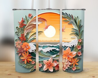 3D Sunrise Beach Landscape 20 oz Skinny Tumbler, Sublimation Design, Straight and Tapered Tumbler Wrap, Digital Download png, Graphic