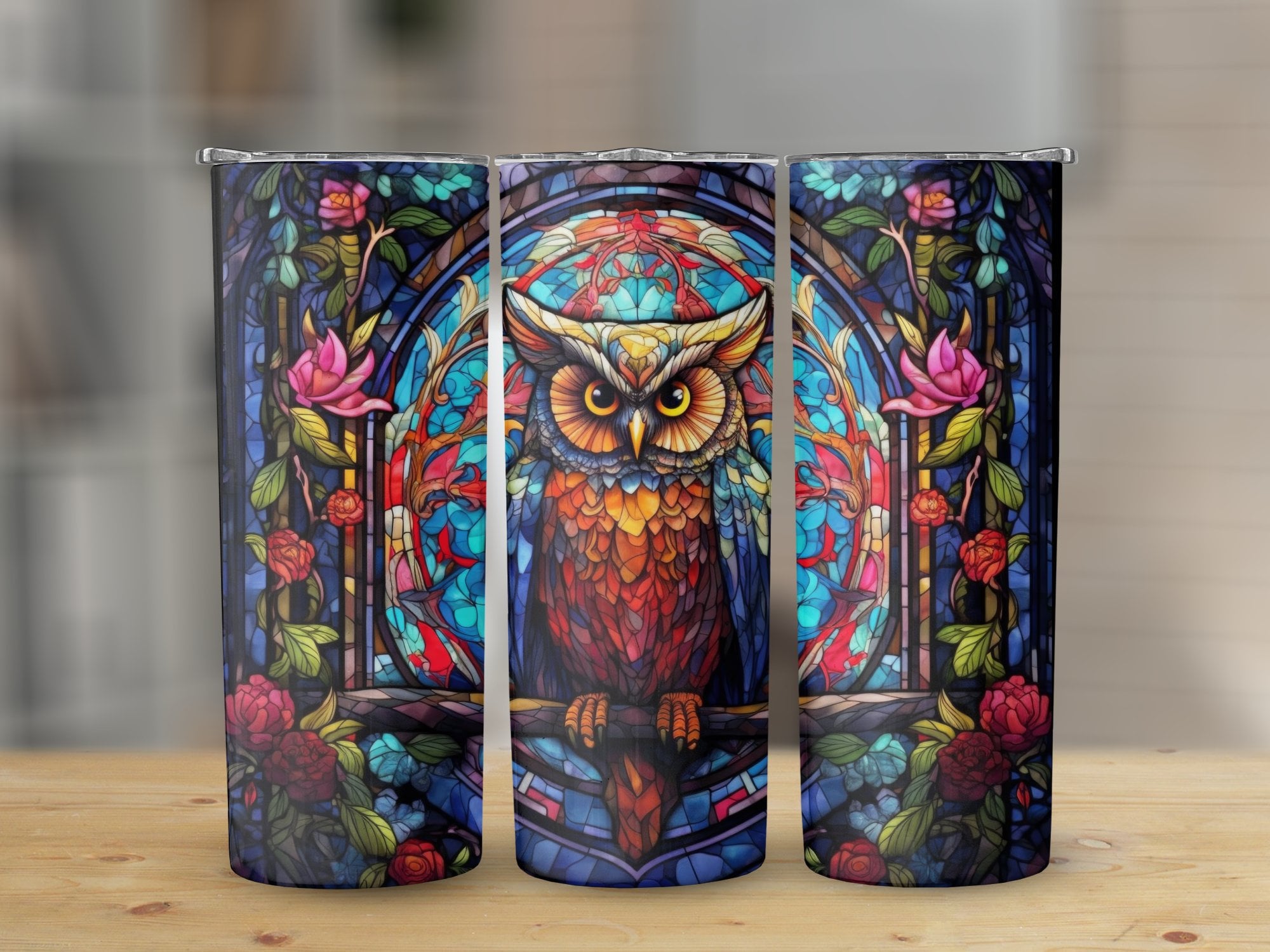 Kawaii Style Owl Stained Glass 20 oz Skinny Tumbler, Sublimation Design, Straight and Tapered Tumble