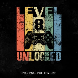 Könnte beinhalten: Eine Grafik im Retro-Stil mit einem Videospiel-Controller und dem Text "LEVEL 8 UNLOCKED" in einer bunten, verwitterten Schrift.