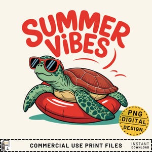 Op de afbeelding: Een cartoonillustratie van een schildpad met een zonnebril die ontspant op een rode opblaasbare ring. De tekst "Summer Vibes" staat in rode letters boven de schildpad.