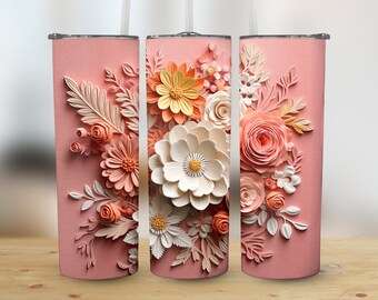 3D White Pink Flowers Botanical 20 oz Skinny Tumbler, Sublimation Design, Straight & Tapered Tumbler Wrap, Digital Download png, Graphic