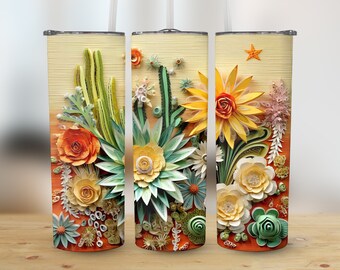 3D Cactus Flowers 20 oz Skinny Tumbler, Sublimation Design, Straight and Tapered Tumbler Wrap, Digital Download png, Graphic