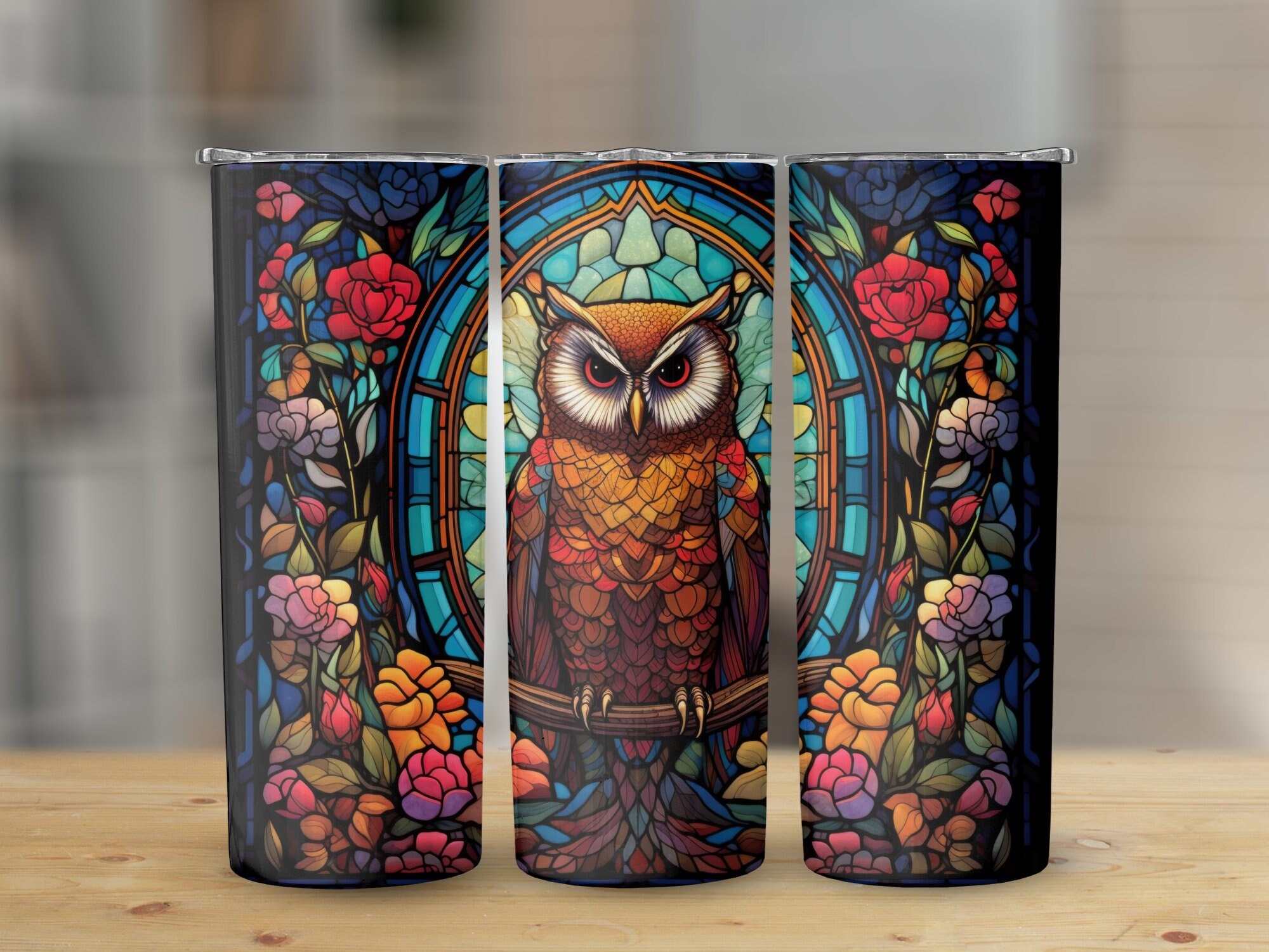 Kawaii Style Owl Stained Glass 20 oz Skinny Tumbler, Sublimation Design, Straight and Tapered Tumble
