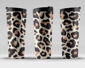 May include: Three stainless steel travel mugs with a leopard print design. The mugs have black lids and are a cream colour with black and brown spots.