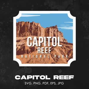 May include: A vintage-style illustration of Capitol Reef National Park, featuring a scenic view of red rock cliffs and a blue sky. The text "CAPITOL REEF NATIONAL PARK" is displayed in a white banner.
