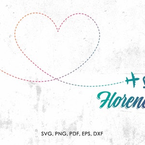 Puede incluir: Un diseño gráfico con una forma de corazón formada por una línea discontinua. Un avión con un icono de pin vuela desde el lado izquierdo de la imagen hacia el lado derecho de la imagen. El texto "Florence" está escrito en una fuente estilizada debajo del avión.