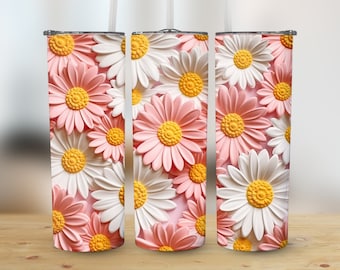 3D White Yellow Pink Daisies Flowers 20 oz Skinny Tumbler, Sublimation Design, Straight & Tapered Tumbler Wrap, Digital Download png