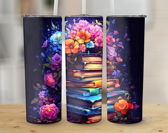 Book Lover Floral Art 20 oz Skinny Tumbler, Sublimation Design, Straight and Tapered Tumbler Wrap, Digital Download png, Graphic