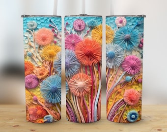 Flores de dientes de león de colores 3D, vaso delgado de 20 oz, diseño de sublimación, envoltura de vaso recto y cónico, descarga digital png, gráfico