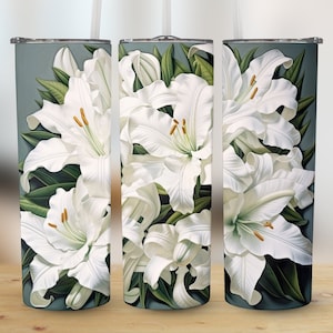 3D White Lilies Flowers 20 oz Skinny Tumbler, Sublimation Design, Straight and Tapered Tumbler Wrap, Digital Download png, Graphic
