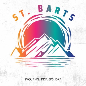 May include: A colorful graphic design featuring a mountain range with a sunset behind it. The text "ST. BARTS" is written in a circular arc above the mountains.