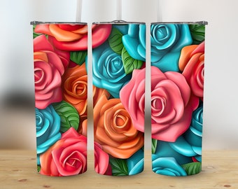 Flores de rosas 3D Diseño de sublimación de vaso flaco de 20 oz, envoltura recta y cónica, envoltura de vaso 3D, vaso de rosas png, descarga instantánea
