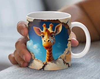 May include: White ceramic mug with a colorful image of a giraffe's head peeking through a cracked wall. The giraffe has a light brown body with dark brown spots and a light blue sky is visible in the background.