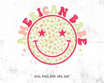 American Babe svg, Retro svg, 4th of July svg, Retro Happy Face svg Leopard Print svg, Vintage Groovy Face, Instant Download
