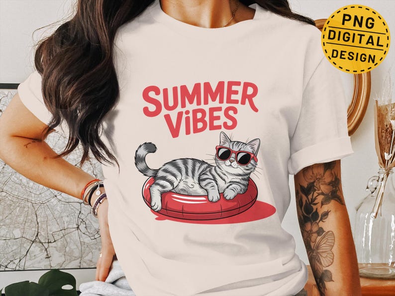 Summer Vibes Cat T-Shirt, Cute Kitten Graphic Tee, Casual Women's Fashion, Sunglasses Cat Illustration, Animal Lover Gift