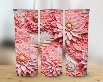 3D White Pink Flowers 20 oz Skinny Tumbler, Sublimation Design, Straight & Tapered Tumbler Wrap, Digital Download png, Graphic