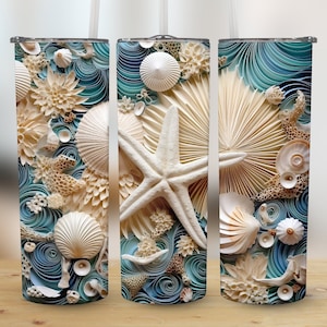 3D Seashells Beach 20 oz Skinny Tumbler, Sublimation Design, Straight and Tapered Tumbler Wrap, Digital Download png, Graphic