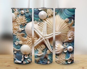 3D-snäckskalstrand 20 oz smal tumbler, sublimeringsdesign, rak och avsmalnande tumbleromslag, digital nedladdning png, grafik