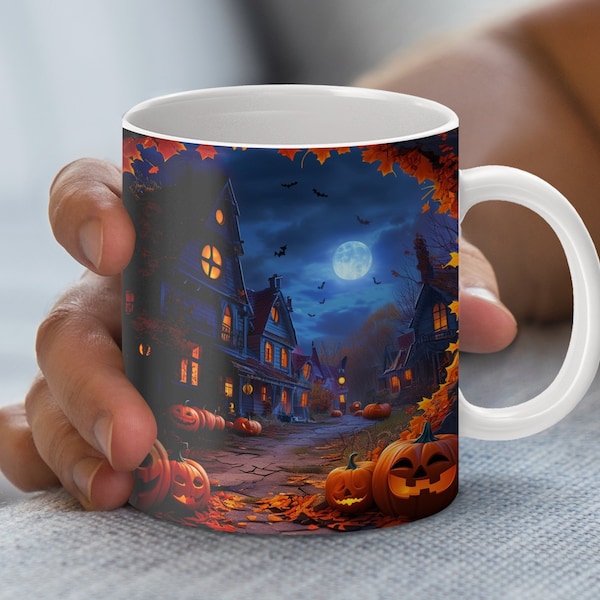Halloween Pumpkin Haunted House 3D Mug Wrap, 15oz and 11oz Sublimation Design, Spooky Autumn Night Coffee Mug