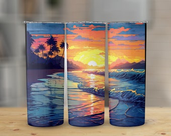 Retro Neon Beach Neon Colors 20 oz Skinny Tumbler, Sublimation Design, Straight and Tapered Tumbler Wrap, Digital Download png, Graphic