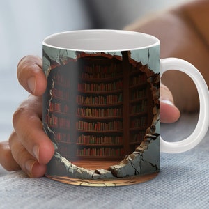 Kubek 3D Library Bookshelf, sublimacja PNG, plik kubka 11oz i 15oz, prezent dla miłośnika książek Fantasy Secret Passage