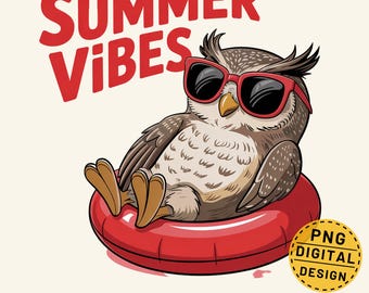 Sommarvibbar med uggla png, uggla med poolmadrass png, rolig sommar png-design, ugglaskjortatryck, sommarsublimeringsdesign