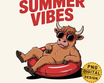 Vibrazioni estive PNG, mucca delle Highlands PNG, design galleggiante da piscina PNG, design maglietta vacanze estive, stampa maglietta da spiaggia, mucca con occhiali da sole PNG