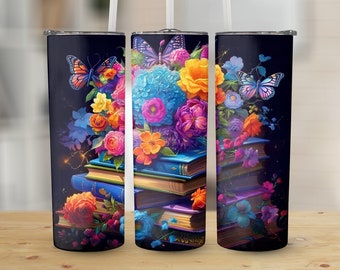 Book Lover Floral Art 20 oz Skinny Tumbler, Sublimation Design, Straight and Tapered Tumbler Wrap, Digital Download png, Graphic