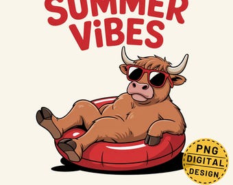 Sommer Vibes Png, Highland Kuh Png, Pool Float Png, Retro Sommer Png, lustige Kuh Png, Strand Sublimationsdesign, Kuh Grafik Png