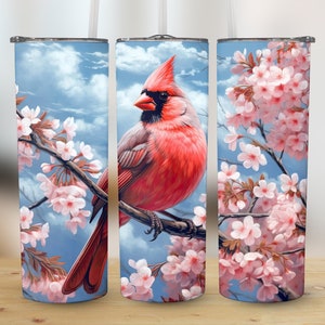 3D Red Cardinal Bird Flowers 20 oz Skinny Tumbler, Sublimation Design, Straight and Tapered Tumbler Wrap, Digital Download png, Graphic