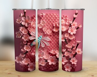 3D Pink Flowers Bee Honeycomb 20 oz Skinny Tumbler, Sublimation Design, Straight and Tapered Tumbler Wrap, Digital Download png, Graphic