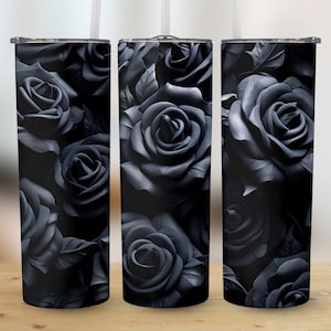 3D Black Roses 20 oz Skinny Tumbler, Sublimation Design, Straight and Tapered Tumbler Wrap, Digital Download png, Graphic