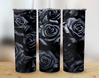 3D Black Roses 20 oz Skinny Tumbler, Sublimation Design, Straight and Tapered Tumbler Wrap, Digital Download png, Graphic