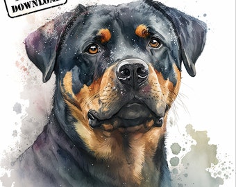 以下が含まれることがあります： 黒と茶色の毛並みのロットワイラーの犬の水彩画。犬は真剣な表情で視聴者の方を見ています。背景は薄い青色で白い斑点があります。