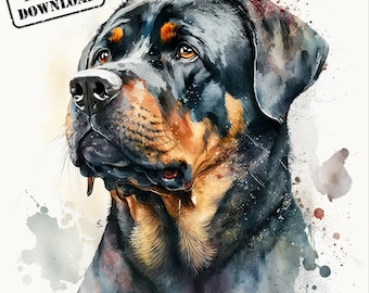 以下が含まれることがあります： ロットワイラーの頭と肩を描いた水彩画。犬は上を見上げて右を向いており、真剣な表情をしている。背景は薄い青色で、赤と黄色の絵の具が飛び散っている。