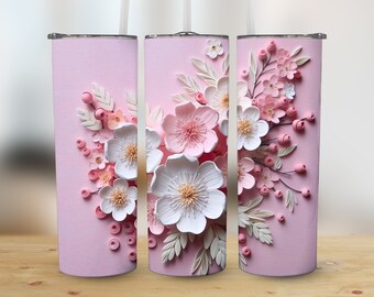3D White Pink Flowers 20 oz Skinny Tumbler, Sublimation Design, Straight & Tapered Tumbler Wrap, Digital Download png, Graphic
