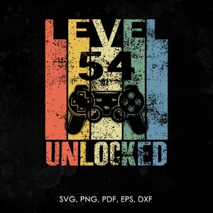 May include: A retro-style graphic with a video game controller and the text "LEVEL 54 UNLOCKED". The graphic is in shades of red, orange, yellow, green, and blue.