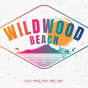 May include: A colourful diamond-shaped logo with the text "WILDWOOD BEACH" in a gradient of orange, red, pink, and blue. The logo features a stylised sunset, palm trees, a dolphin, and ocean waves.