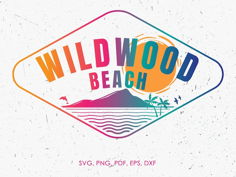 May include: A colourful diamond-shaped logo with the text "WILDWOOD BEACH" in a gradient of orange, red, pink, and blue. The logo features a stylised sunset, palm trees, a dolphin, and ocean waves.