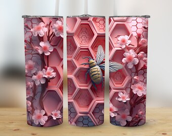3D Pink Flowers Bee Honeycomb 20 oz Skinny Tumbler, Sublimation Design, Straight and Tapered Tumbler Wrap, Digital Download png, Graphic
