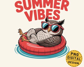 Sommarvibbar Owl PNG digital nedladdning, Pool Float Owl Design, Rolig Owl Summer, Strand Owl, Owl T-shirt Design, Semester PNG